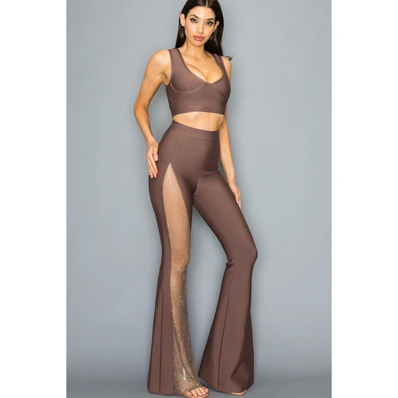 Rivir Pants - RIVIR Brown Bandage Flare Pants Rhinestone Mesh Side Panel Bell Bottom Mocha(64)